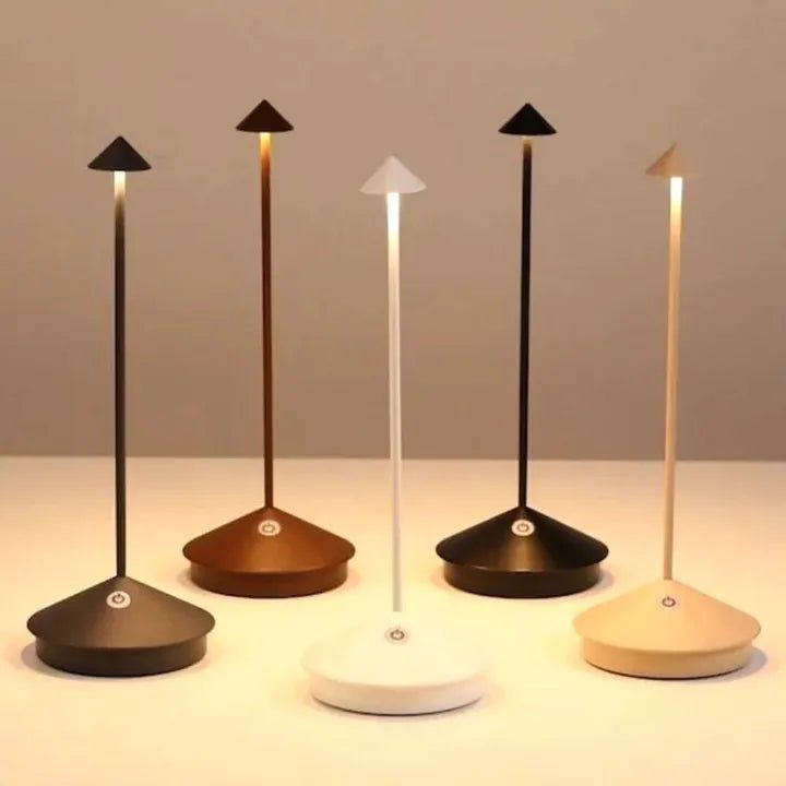 Wireless LED table lamp featuring adjustable dimmable brightness and a waterproof design, perfect for indoor and outdoor use, with a sleek modern appearance and cordless battery 0